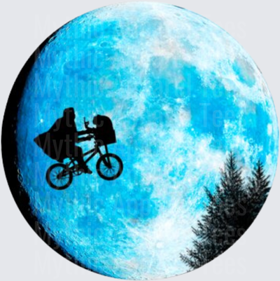 E.T. The Extra-Terrestrial Bicycle Flying Across Blue Moon Silhouette with Pine Trees