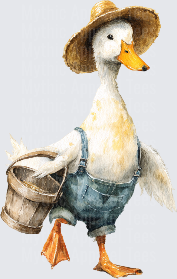 Watercolor Farm Duck in Denim Overalls Straw Hat Carrying Wooden Bucket
