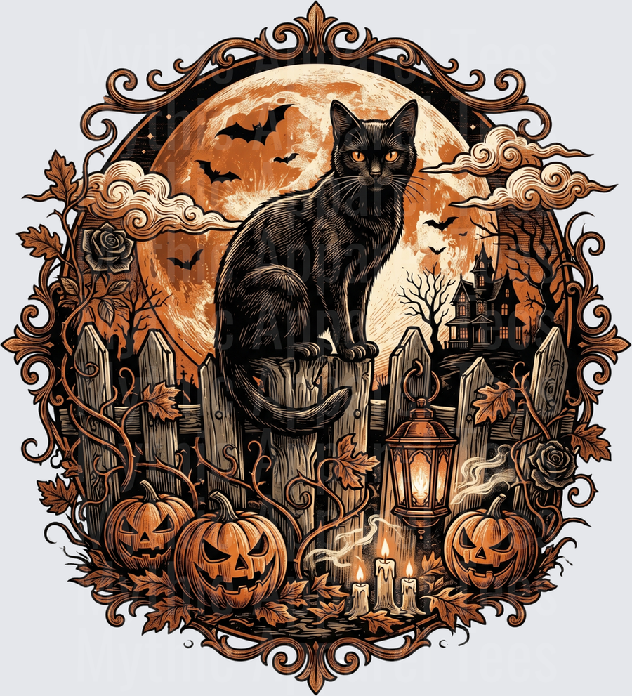 Vintage Halloween Black Cat on Fence with Full Moon Bats Haunted House Jack-O-Lanterns Candles Ornate Gothic Frame