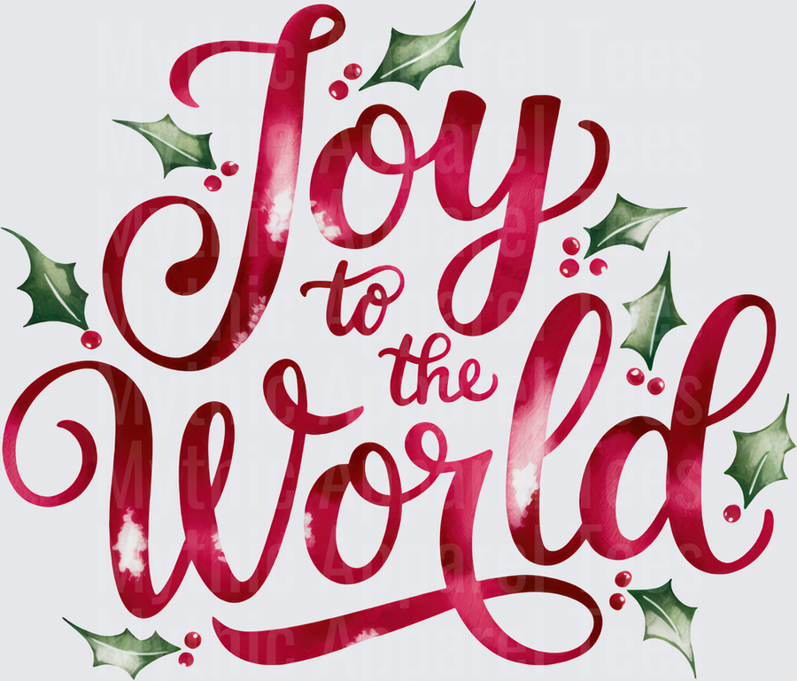 Joy to the World Crimson Calligraphy Script with Holly Leaves and Red Berries Christmas Design