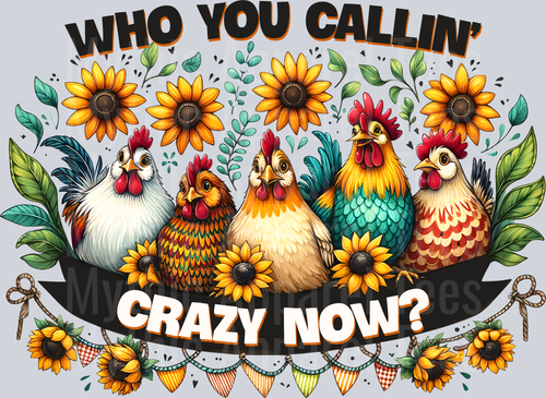 who you callin crazy now chickens and sun flowers lined up DTF Chicken Transfers