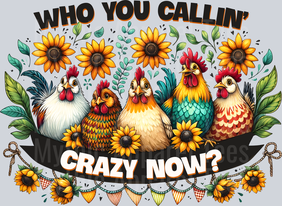 who you callin crazy now chickens and sun flowers lined up DTF Chicken Transfers