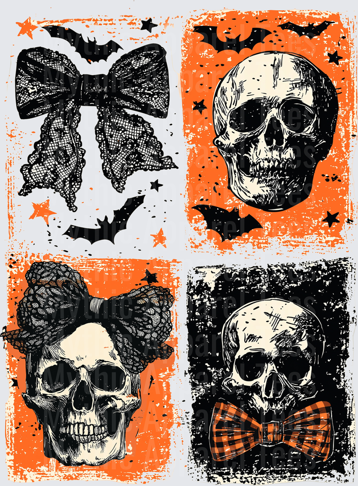 Distressed Halloween Gothic Skull and Lace Bow Four Panel Set with Bats and Stars in Orange and Black Grunge Style
