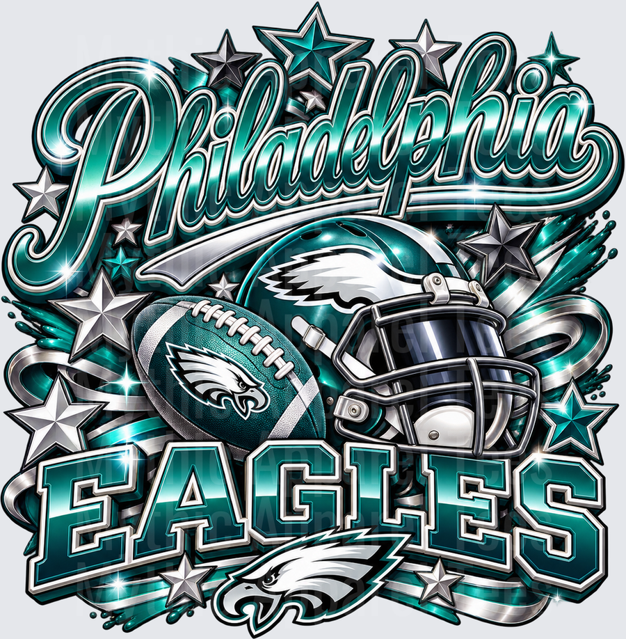 Gradient Polished Style NFL Philadelphia Eagles Midnight Green and Silver Football Helmet Stars Script Lettering Bold Fan Design