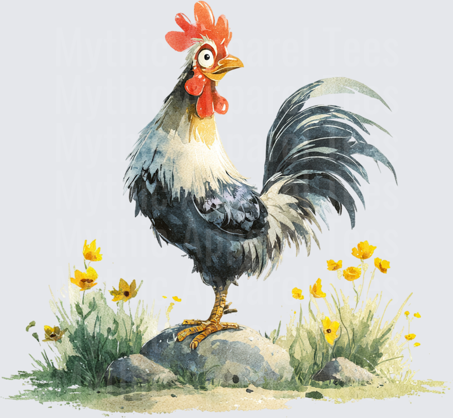 Watercolor Rooster Standing on Rock with Yellow Wildflowers and Grass