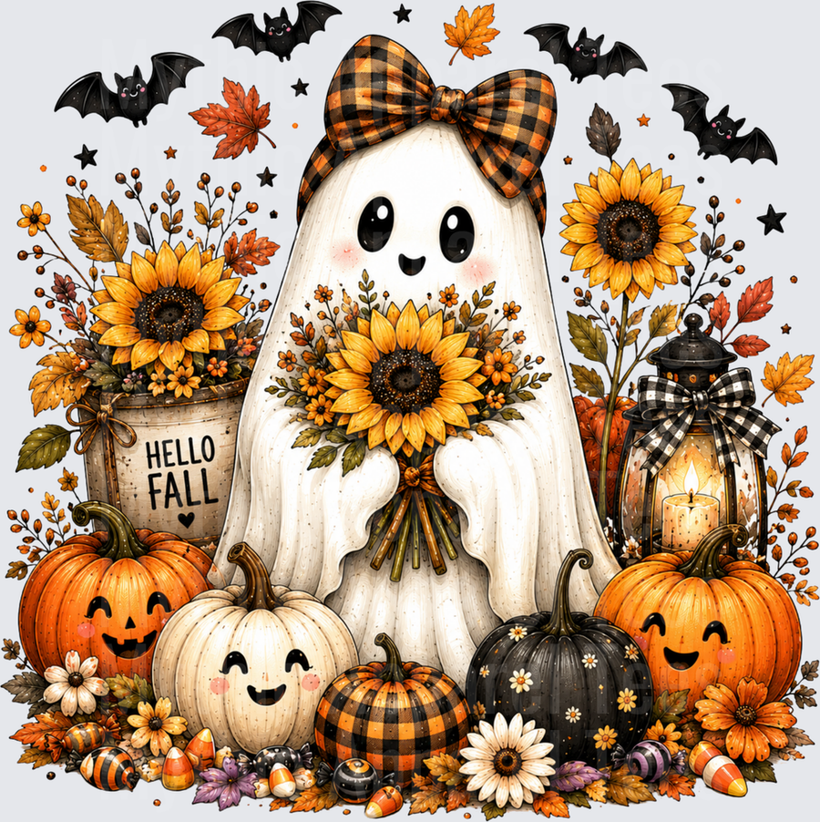 Cute Ghost Girl with Buffalo Plaid Bow Holding Sunflower Bouquet Hello Fall Halloween Pumpkins Bats Autumn Leaves Lantern