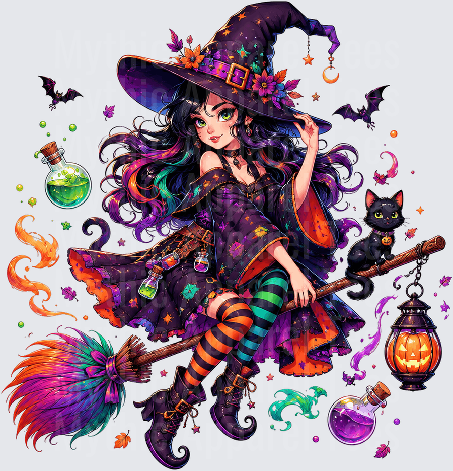 Halloween Anime Witch Girl Riding Broomstick with Black Cat