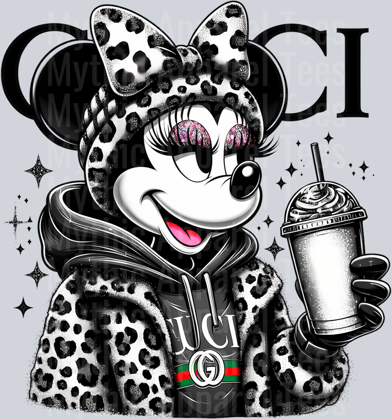 Classic Minnie with coffee Leopard Print Disney DTF Gucci Mickey Transfers