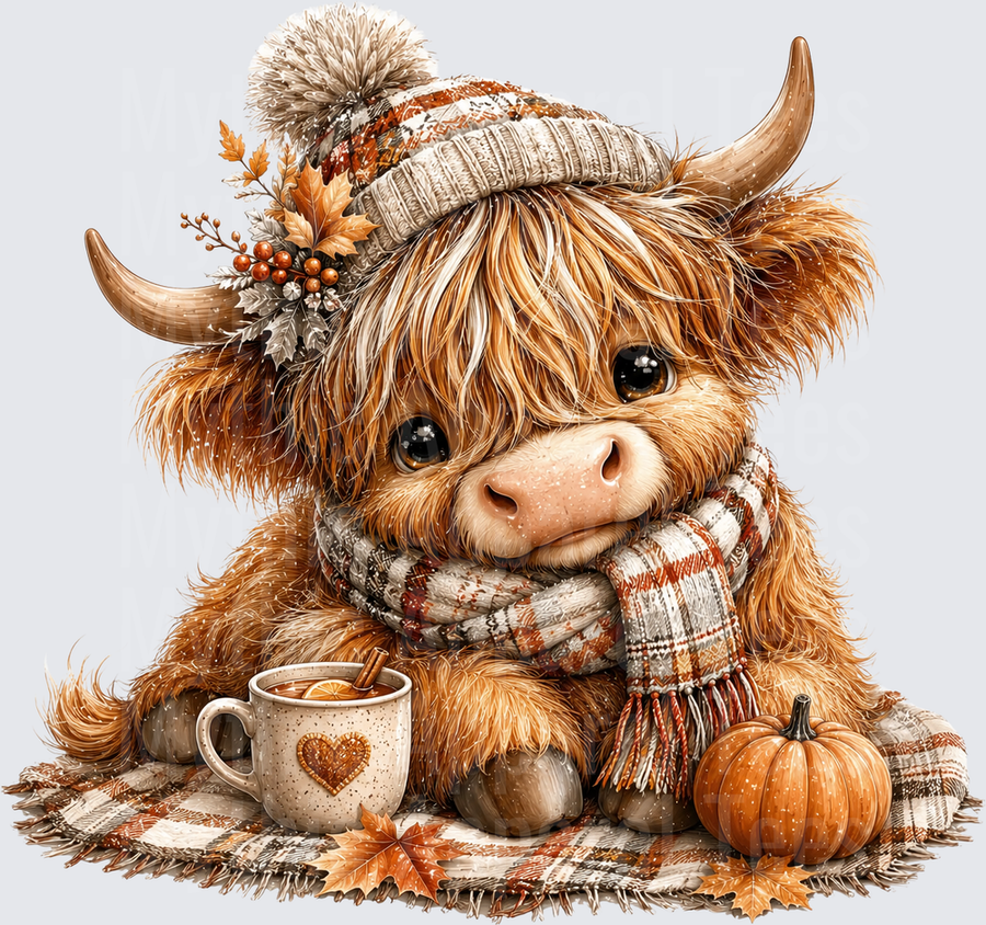 Cute Baby Highland Cow Fall Autumn Cozy Knit Pom Pom Beanie Plaid Scarf Pumpkin Hot Cocoa Mug Snowy Blanket