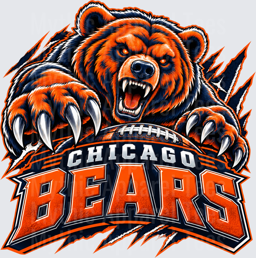 Chicago Bears Ferocious Growling Bear Claws Football Ripping Through Navy and Orange Bold Graphic