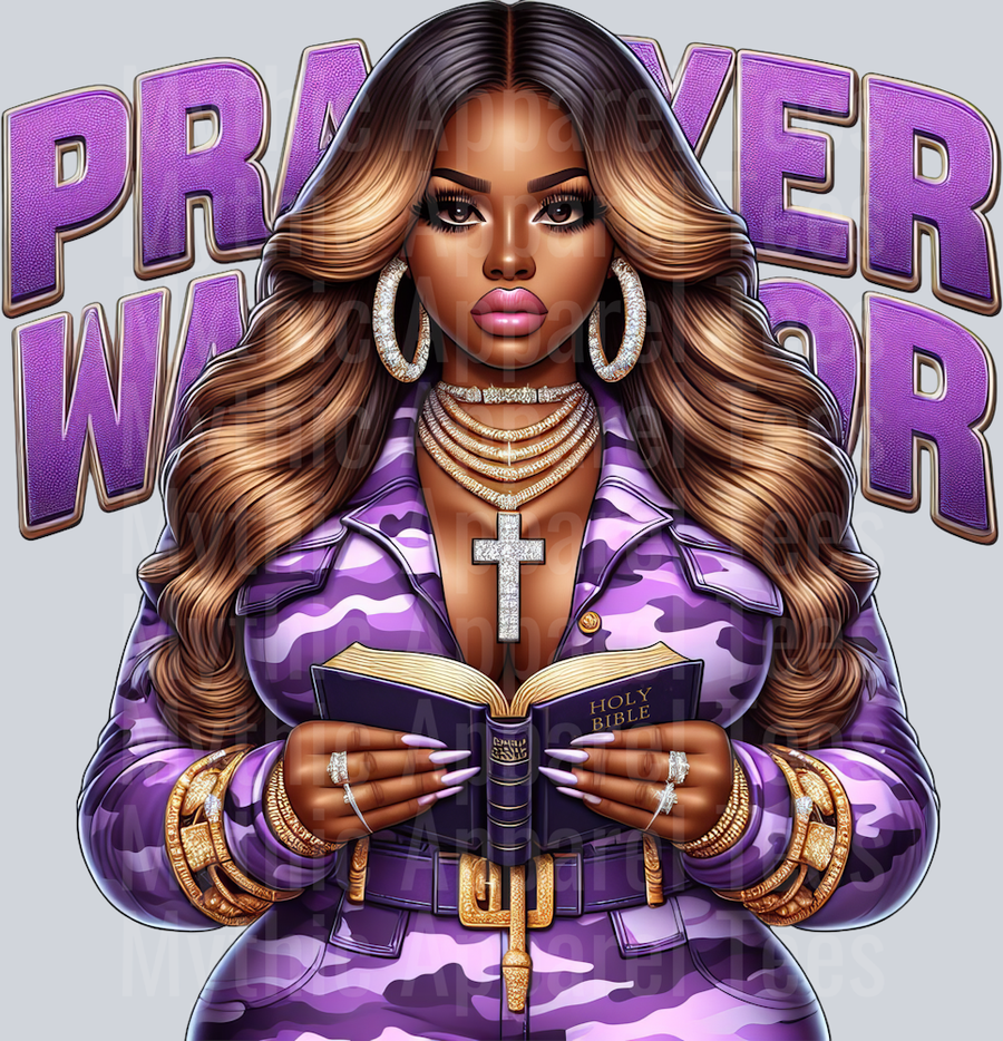 GIrl with open bible 3 Purple Prayer Warrior DTF Religious Transfers