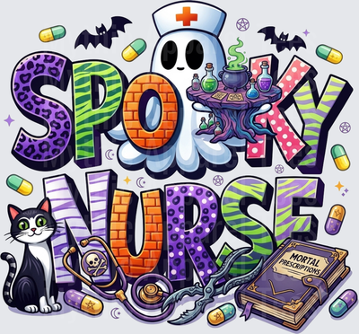 Spooky Nurse Halloween Ghost with Nurse Hat Witchy Potions Black Cat Skull Stethoscope Mortal Prescriptions Book Colorful Patterned Letters