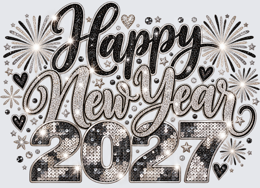 Happy New Year 2027 Black Silver Glitter Sequin Rhinestone Fireworks Stars Hearts Celebration
