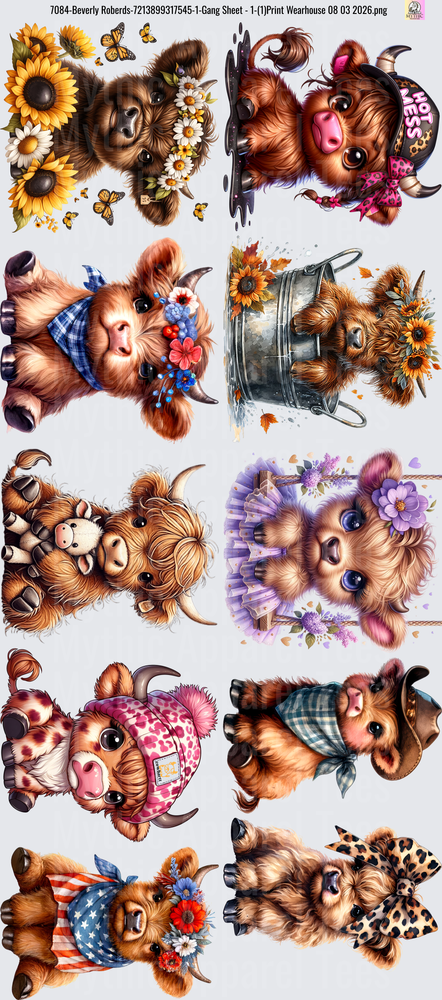 Gang Sheet FULL SIZE DESIGNS Adorable Highland Cow Collection with Sunflowers and Bandanas