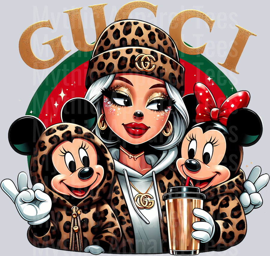 Sassy Disney Girl with Mickey and Minnie Leopard Print Disney DTF Gucci Mickey Transfers