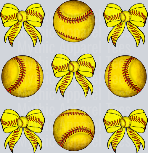 Softball yellow ball and bows repeating cute DTF Sports Transfers