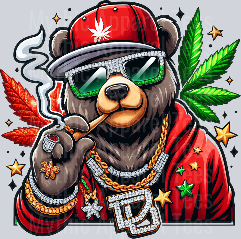 Bear with Dope Rasta Colors floral colors weed plant DTF Weed Transfers