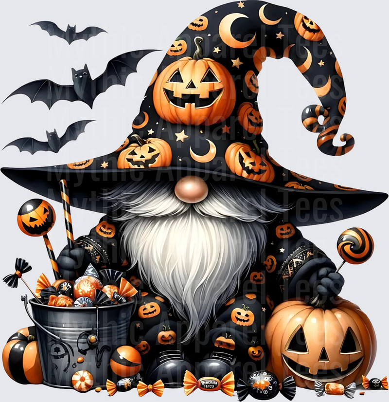 Halloween Gnome Wizard with Jack-o-Lantern Hat Candy Bucket Pumpkins and Bats