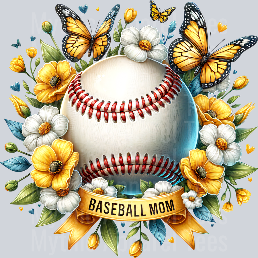 Baseball with butterfly and yellow flowers DTF Baseball Transfers