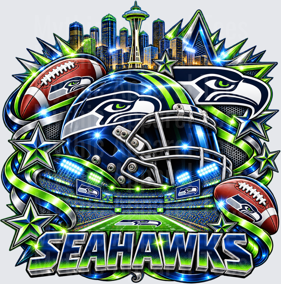 Seattle Seahawks NFL Glowing Helmet Stadium Seattle Skyline Space Needle Bold Fan Graphic in Navy Blue and Neon Green