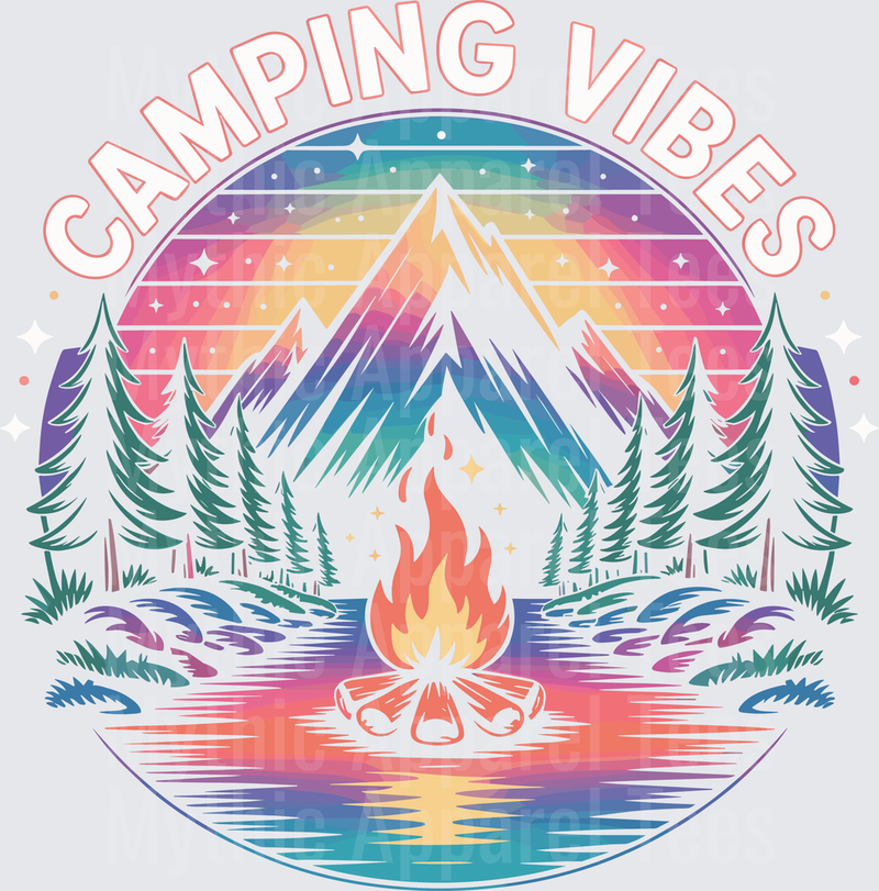 Camping Vibes Retro Rainbow Mountain Campfire Pine Trees Scenic Outdoor Nature Badge