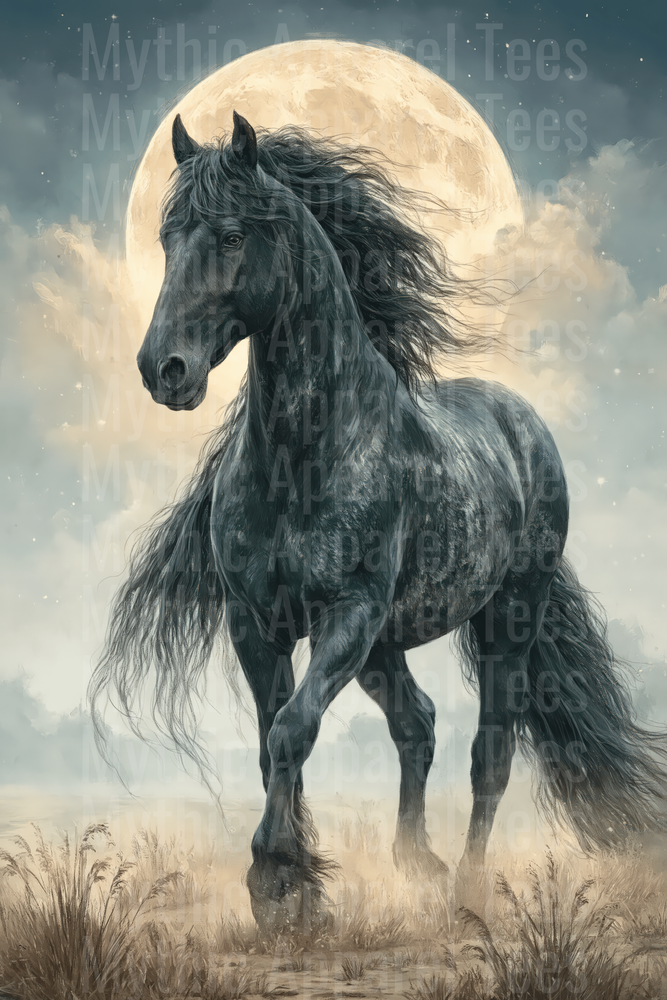 Majestic Black Friesian Horse Standing Before Full Moon in Misty Field