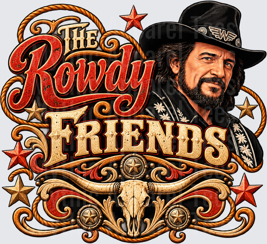 Rowdy Waylon Jennings The Rowdy Friends Western Portrait with Longhorn Skull Stars and Rope Border