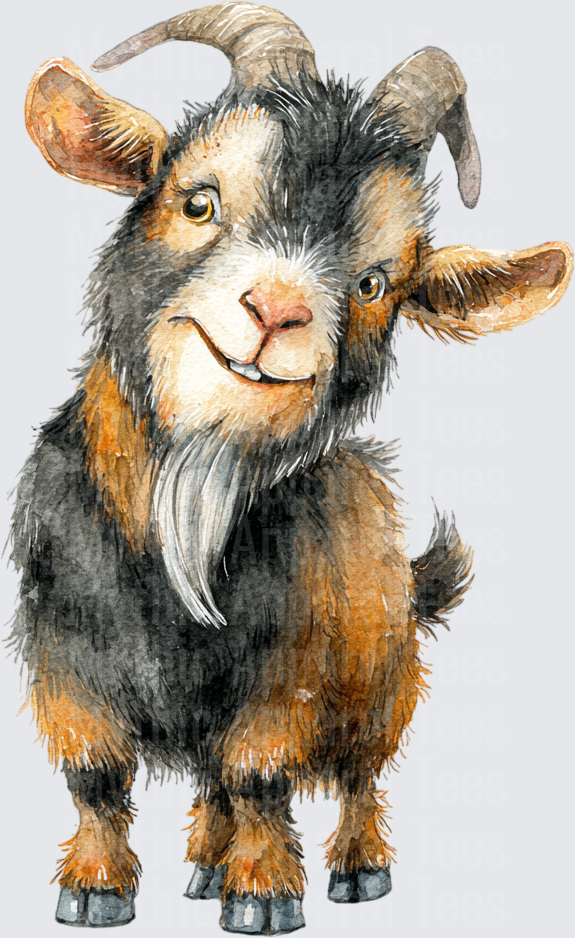 Smirking Watercolor Billy Goat with Horns and Beard