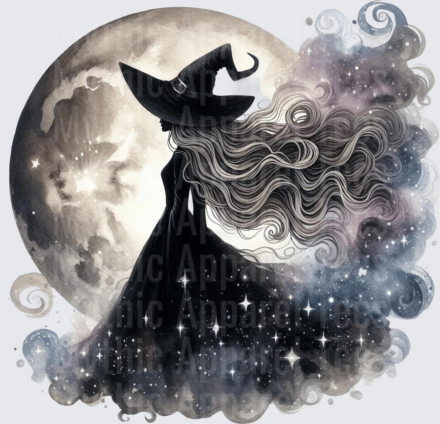 Halloween Gothic Witches Moonlit Silhouette with Starry Gown and Flowing Hair