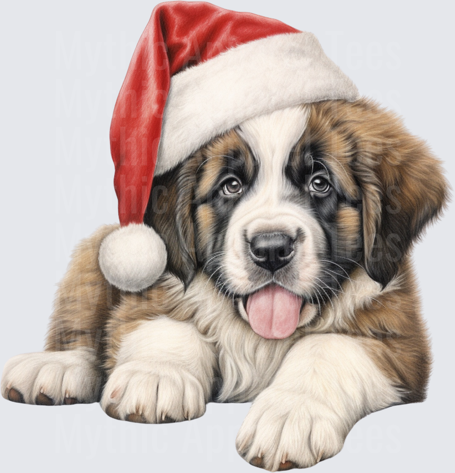 Adorable Saint Bernard Puppy Wearing Santa Hat Tongue Out Holiday Christmas