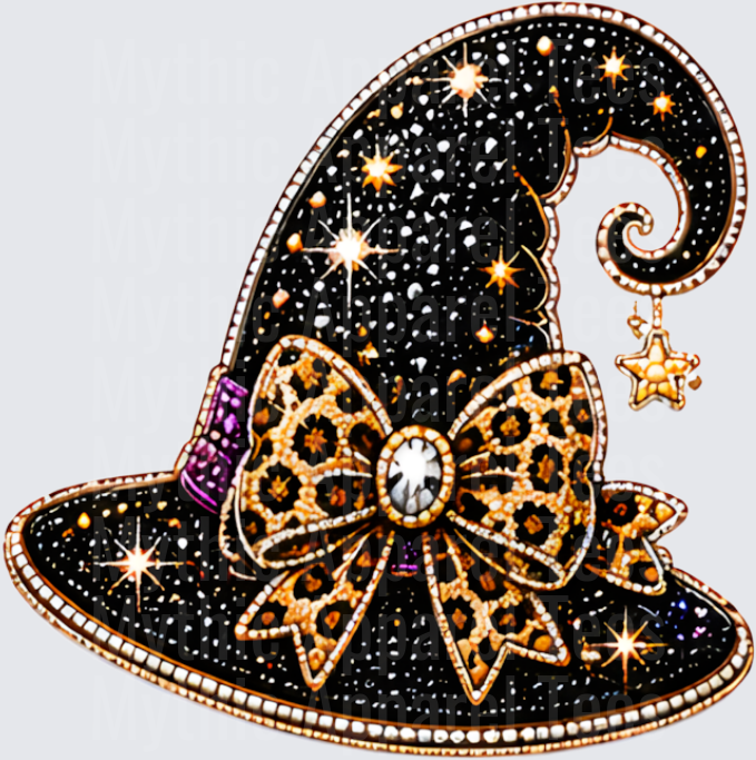 Halloween Bling Bedazzled Black Witch Hat with Leopard Print Bow and Dangling Star Charm