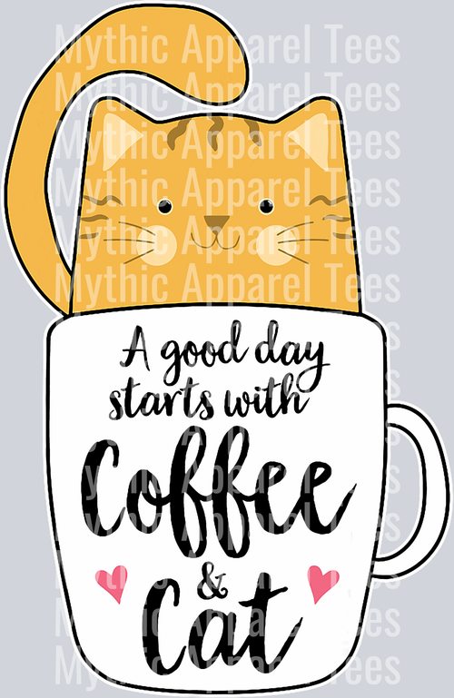 A good day starts with coffee and cat DTF Coffee Transfers