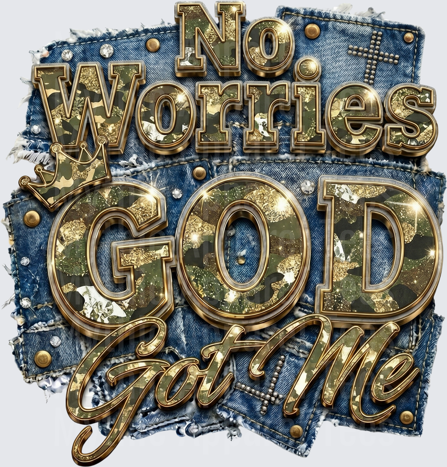 No Worries God Got Me Gold Camo Denim Patchwork Christian Faith Design with Rhinestones and Cross
