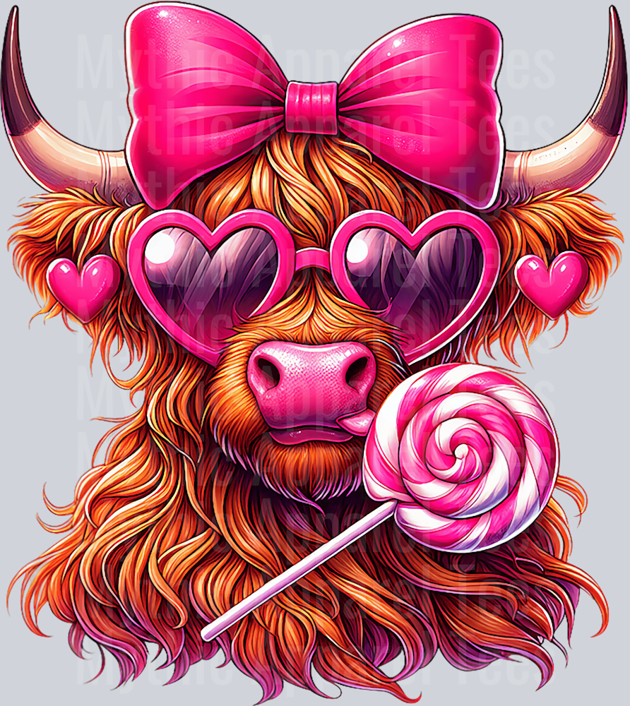 Valentines Day Highland cow with pink bow and lollipop DTF Highland Cow Transfers