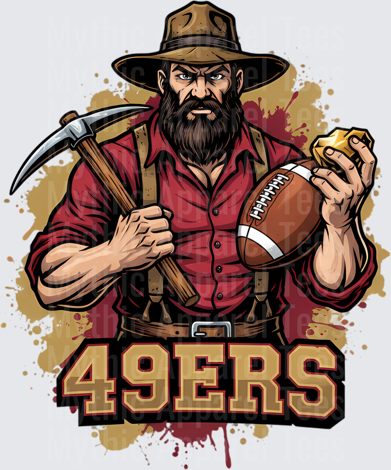 San Francisco 49ers Gold Rush Miner Holding Football and Pickaxe with Paint Splatter