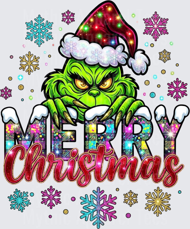 New Grinch Merry Christmas Santa Hat Glitter Snowflakes Design
