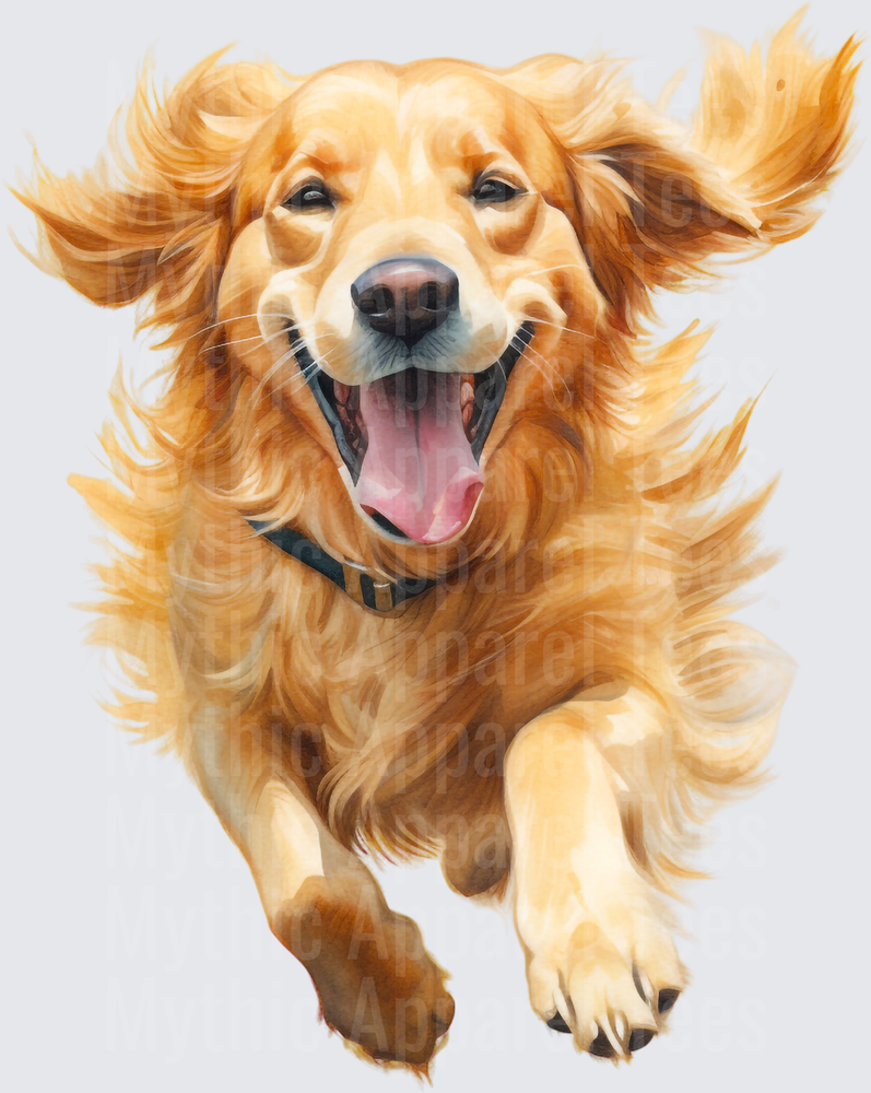 Watercolor Happy Golden Retriever Running With Mouth Open Floppy Ears Flying