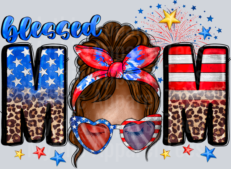 Blessed Mom Messy Bun 4th of July Patriotic