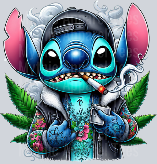 Stitch Gangster with Hat Smoking Pop Culture DTF Weed Transfers