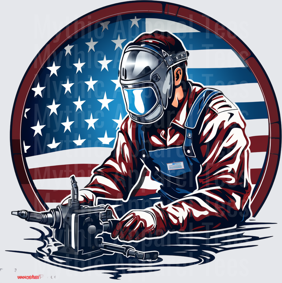 American Welder with Welding Helmet and Torch Circular US Flag Badge Design