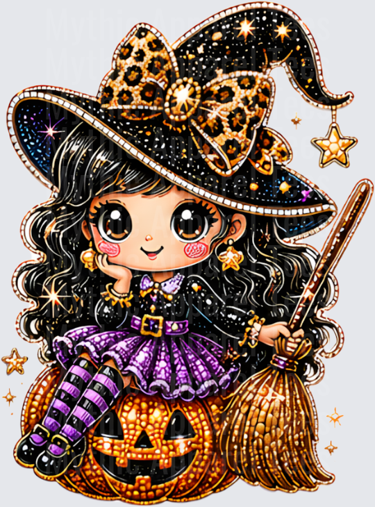 Halloween Bling Cute Chibi Witch Girl with Leopard Print Bow Hat Sitting on Jack-O-Lantern with Broomstick and Gold Stars