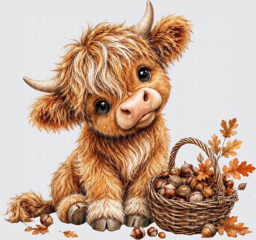 Cute Baby Highland Cow with Autumn Acorn Basket and Fall Oak Leaves