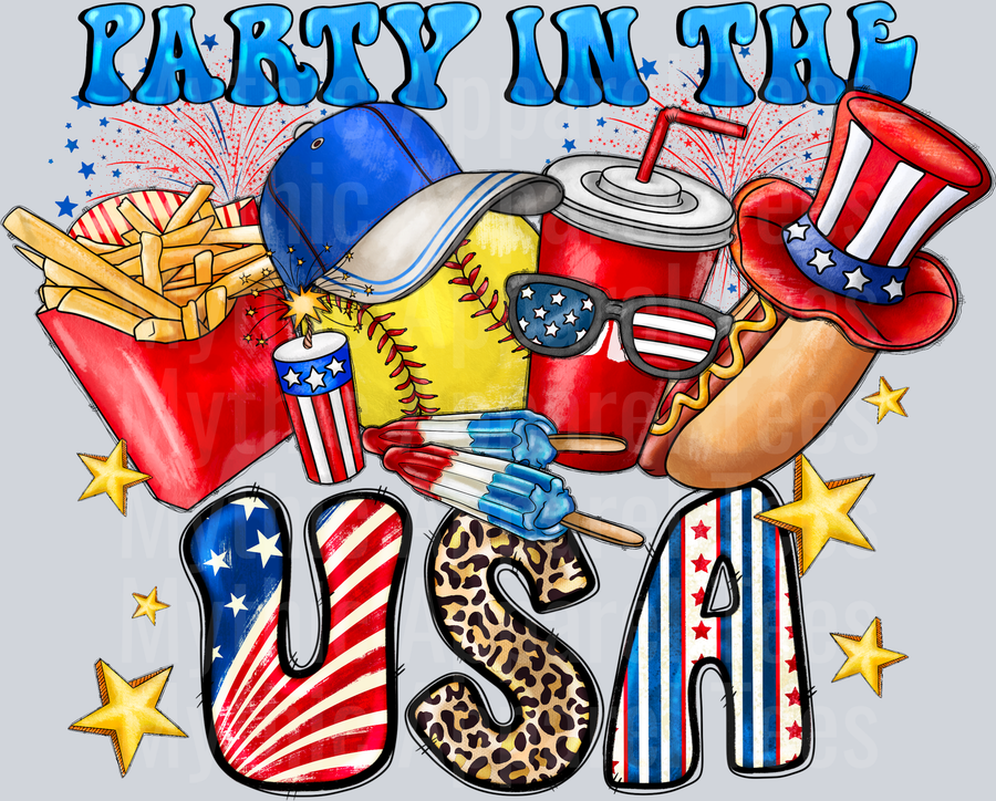 Party In The USA Softball 4th of july DTF Patriotic Transfers
