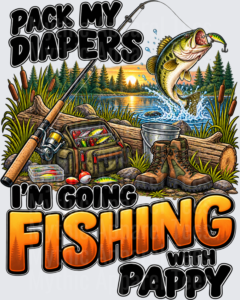 Hunting and Fishing Pack My Diapers I'm Going Fishing With Pappy Bass Jumping Lakeside Sunset Tackle Gear Scene