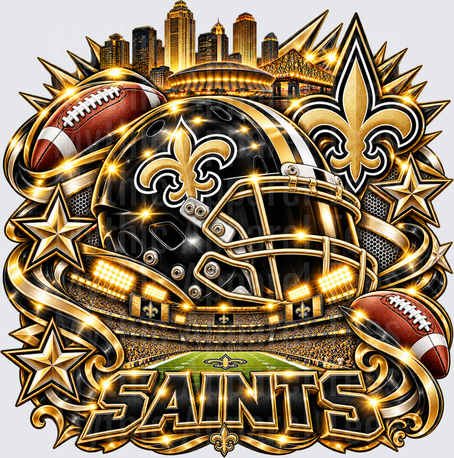 New Orleans Saints Black and Gold Helmet Fleur de Lis Stadium Skyline Glam Fan Design