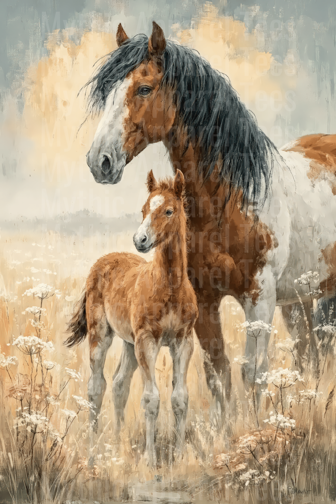 Mare and Foal Oil Painting Style Portrait in Wildflower Meadow with Soft Warm Tones