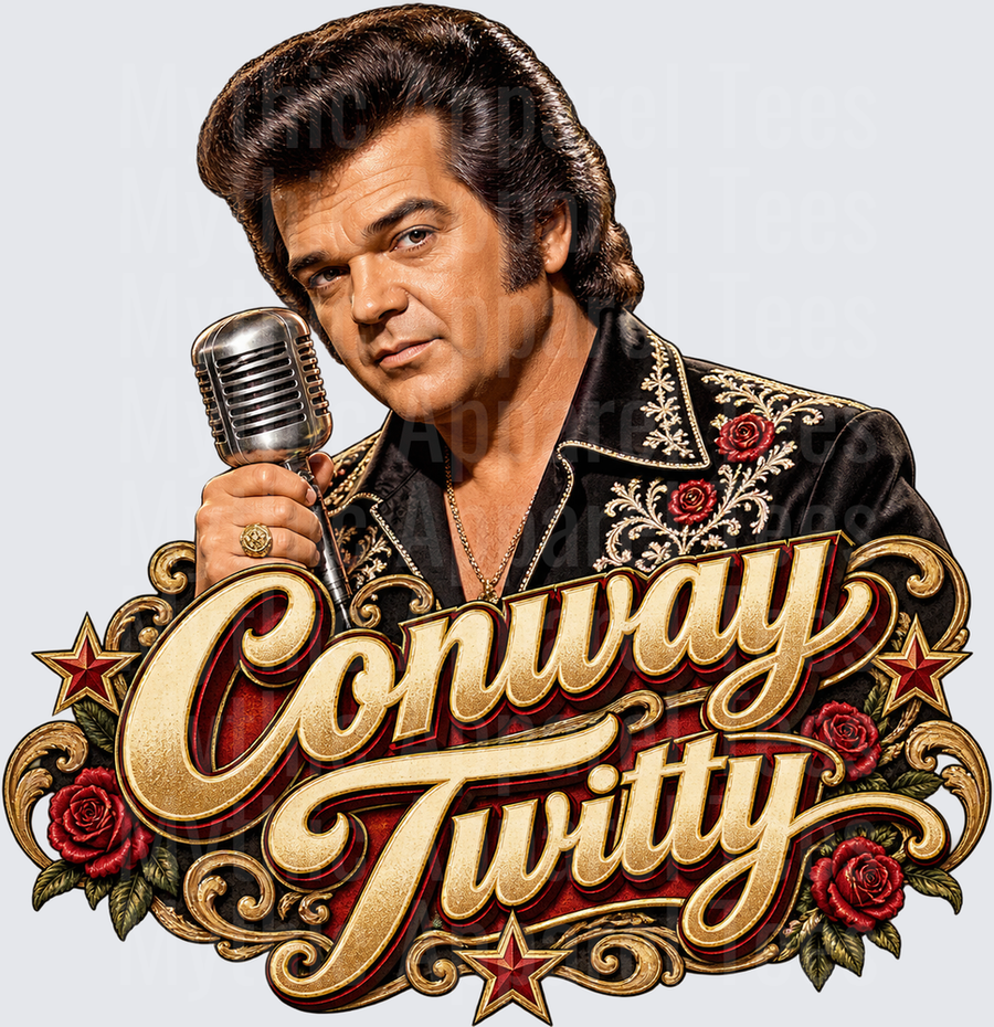 Conway Twitty Vintage Microphone Gold Script Red Roses Country Legend Portrait