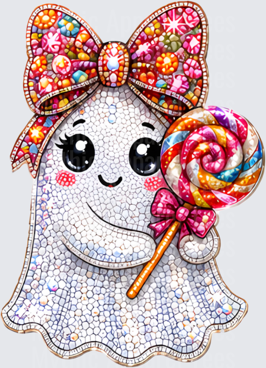 Halloween Bling Cute Ghost Girl with Candy Bow and Rainbow Lollipop Rhinestone Mosaic Design