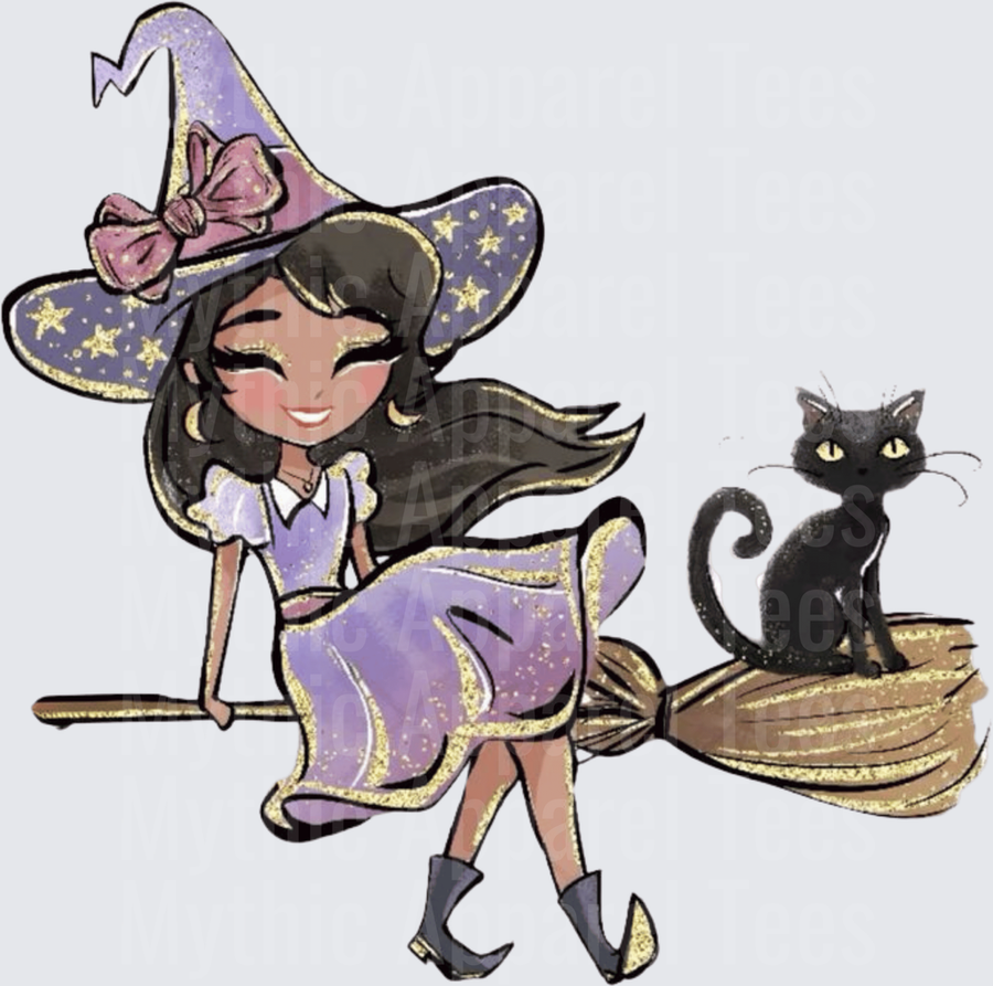 Cute Chibi Witch Girl Riding Broomstick with Black Cat Purple Starry Hat Pink Bow Gold Glitter Halloween