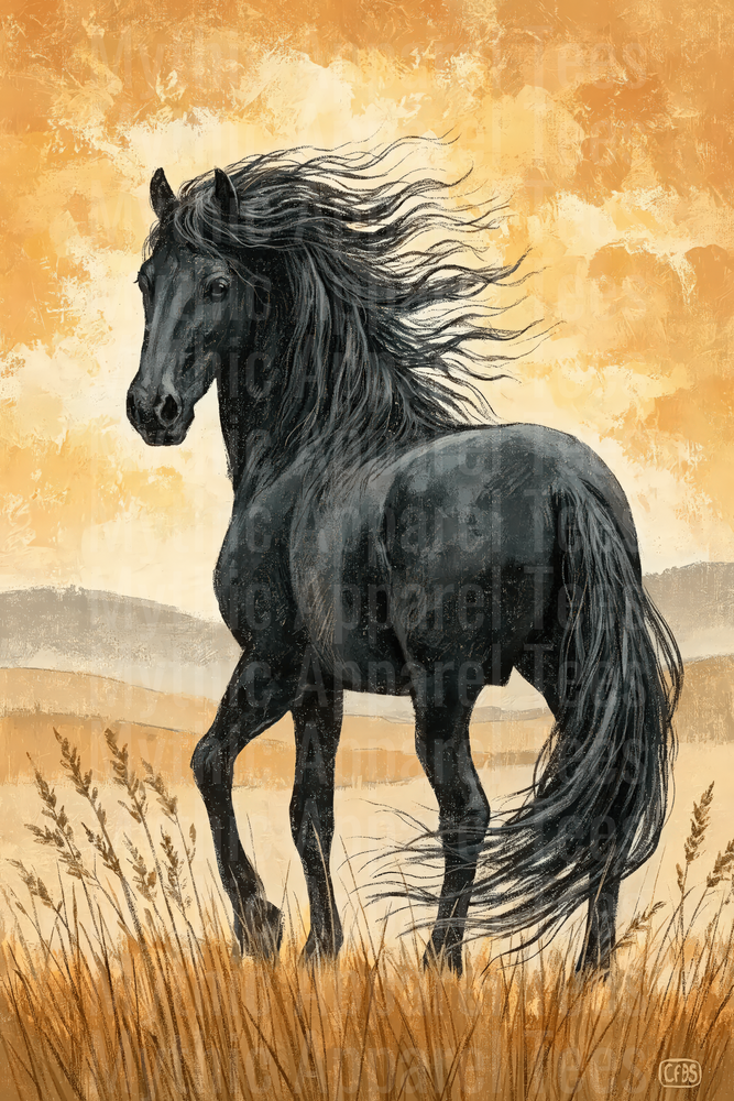Majestic Black Friesian Horse Flowing Mane Golden Prairie Sunset Vintage Art
